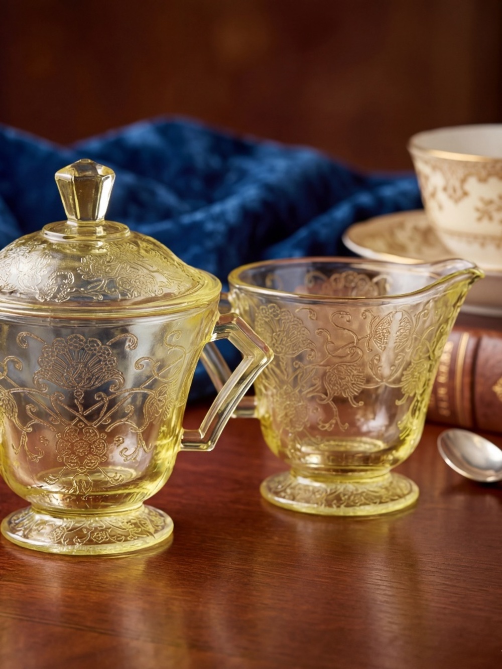 Hazel Atlas Florentine Yellow Depression Glass | Creamer & Sugar Bowl Set - Picture 1 of 12